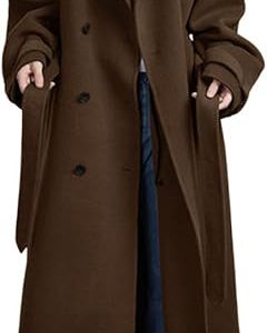chouyatou Women's Winter Double Breasted Wool Coat Long Sleeve Notch Lapel Midi Long Winter Trench Coat with Belt