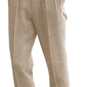 Men's High Waisted Tweed Dress Pants Pleated Front Vintage Wool Trousers