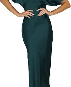 Satin V Neck Puffy Sleeves Silk Midi Dresses Empire Waist Elegant Tie Back Formal Cocktail Dress for Women Wedding Guest