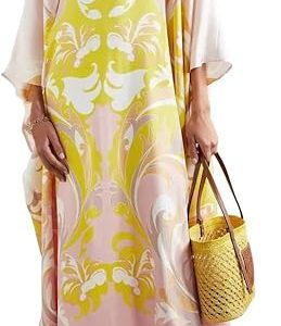 Designer Printed Satin Silk Casual Wear Kaftan for Women,Boat Neck Silk Caftan Dress, Kaftan for Woman,Maxi Long Dress, Gift for Kaftan Yellow