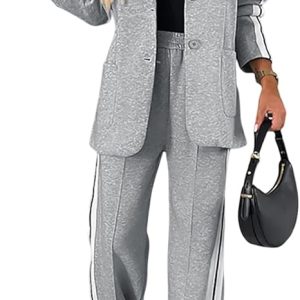 CHICME Womens Two Piece Outfits Striped Side Button Blazer and Pants with Pockets Sets Business Casual Pant Suits Set