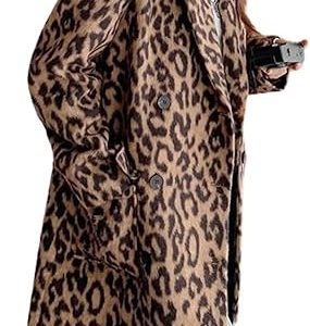 utcoco Womens Leopard Long Wool Trench Coat Notched Lapel Double Breasted Pea Coat Winter Warm Overcoat