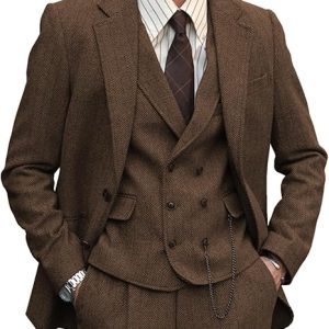 Mens Formal Tweed Wool 3 Piece Wedding Slim Fit Suit Prom Tuxedos Groomsmen