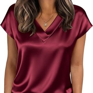 Zeagoo Women Silk Satin Tops Cap Short Sleeve Blouse V Neck Shirts Business Casual Outfits S-2XL