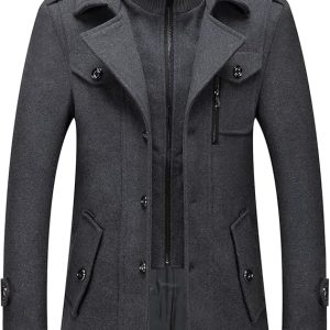 INVACHI Men's Wool Blend Coat Warm Winter Trench Coat with Detachable Soft Scarf Single Breasted Pea Coat