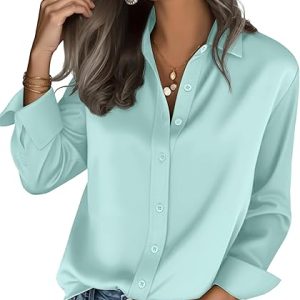 Womens Ultra-Soft Lightweight Satin Silk Button Down Shirts Silky Long Sleeve Work Dress Blouses Tops