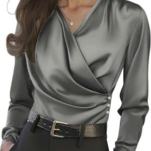 Women's Long Sleeve Satin Silk Blouses V Neck Ruched Shirts Dressy Business Elegant Work Tops