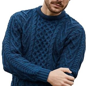 SAOL 100% Merino Wool Men's Irish Traditional Aran Crew Neck Cable Knit Sweater Pullover