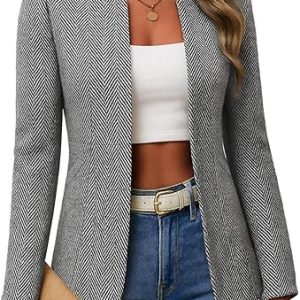 Mina Self 2026 Summer Women's Open Front Tweed Blazer - Lightweight Plaid Stand Collar Lined Casual Trendy Work Office Jacket