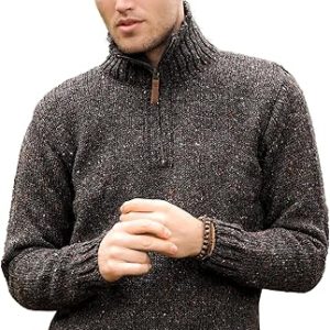 Aran Crafts Men's Irish Cable Knitted Half Zip Sweater (100% Donegal Wool)
